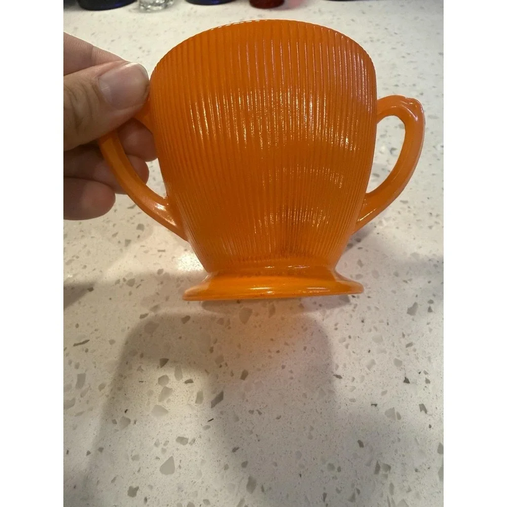 Unusual Jeannette Homespun Fine Rib ORANGE Fired On Sugar Bowl Depression Glass